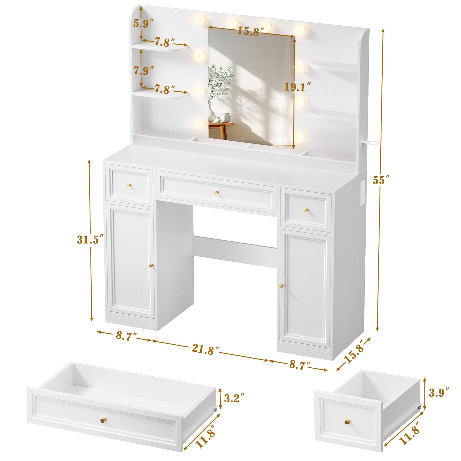 Large Vanity Desk with Mirror and Lights, Makeup Vanity with Power Outlets, 3 Drawers and 2 Large Cabinets, 3 Lighting Modes Adjustable Brightness, Dressing Table for Women Girls, White - Image 3