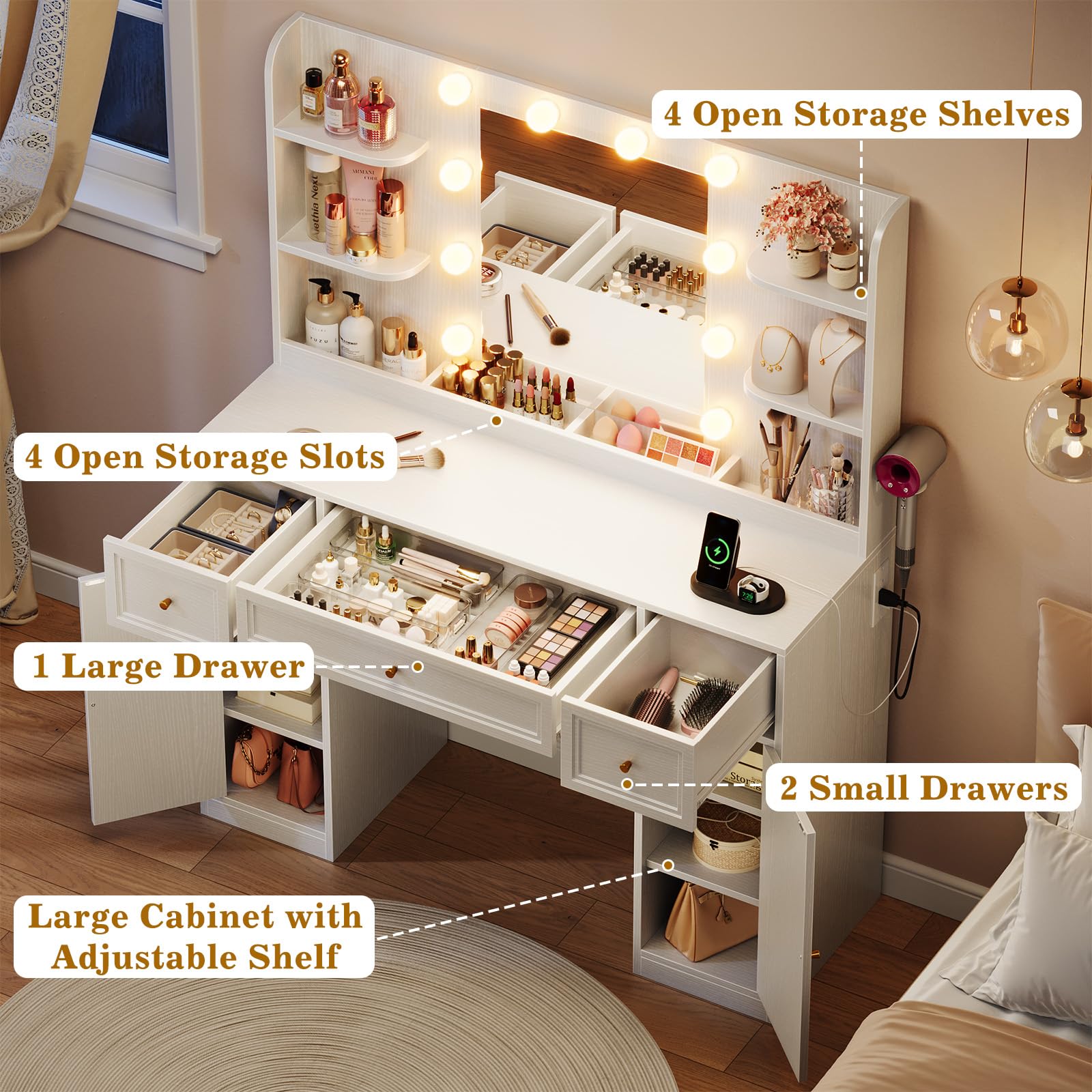 Large Vanity Desk with Mirror and Lights, Makeup Vanity with Power Outlets, 3 Drawers and 2 Large Cabinets, 3 Lighting Modes Adjustable Brightness, Dressing Table for Women Girls, White - Image 4