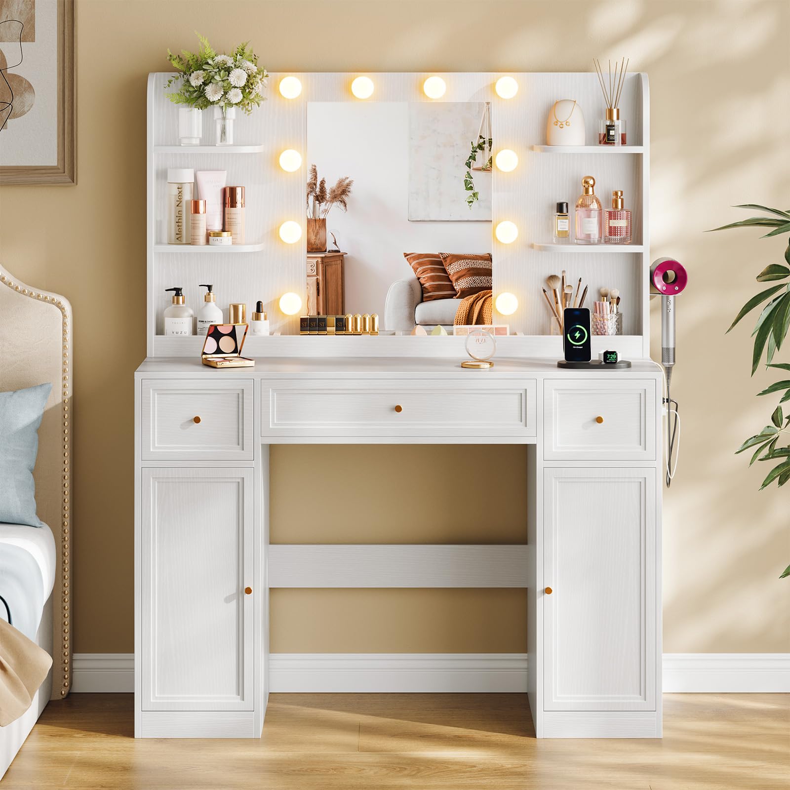 Large Vanity Desk with Mirror and Lights, Makeup Vanity with Power Outlets, 3 Drawers and 2 Large Cabinets, 3 Lighting Modes Adjustable Brightness, Dressing Table for Women Girls, White - Image 7