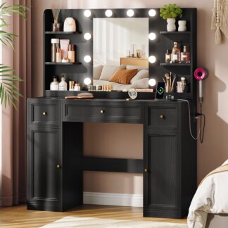 Memobarco Large Vanity Desk with Mirror and Lights, Makeup Vanity with Power Outlets, 3 Drawers and 2 Large Cabinets, 3 Lighting Modes Adjustable Brightness, Dressing Table for Women Girls, Black