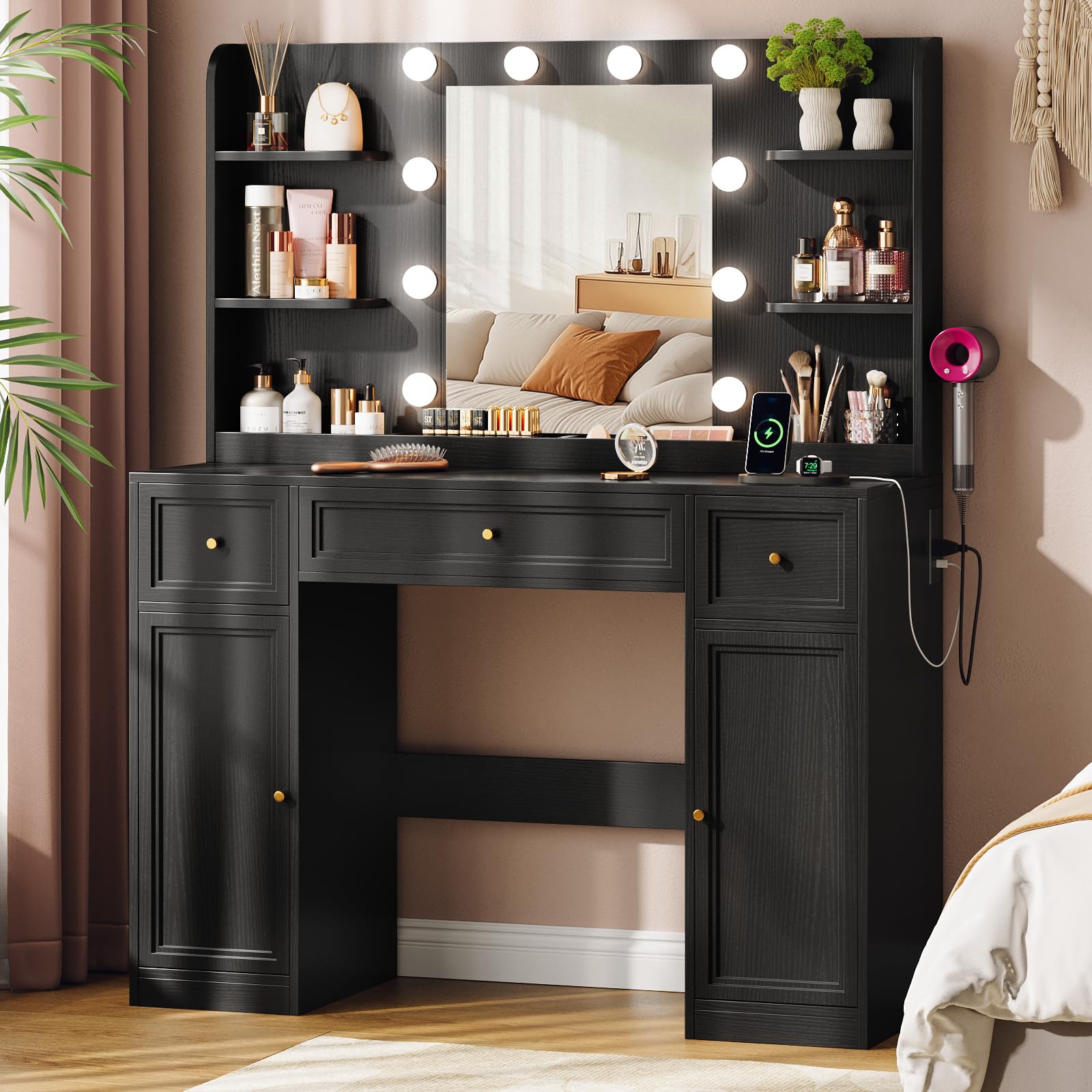 Memobarco Large Vanity Desk with Mirror and Lights, Makeup Vanity with Power Outlets, 3 Drawers and 2 Large Cabinets, 3 Lighting Modes Adjustable Brightness, Dressing Table for Women Girls, Black