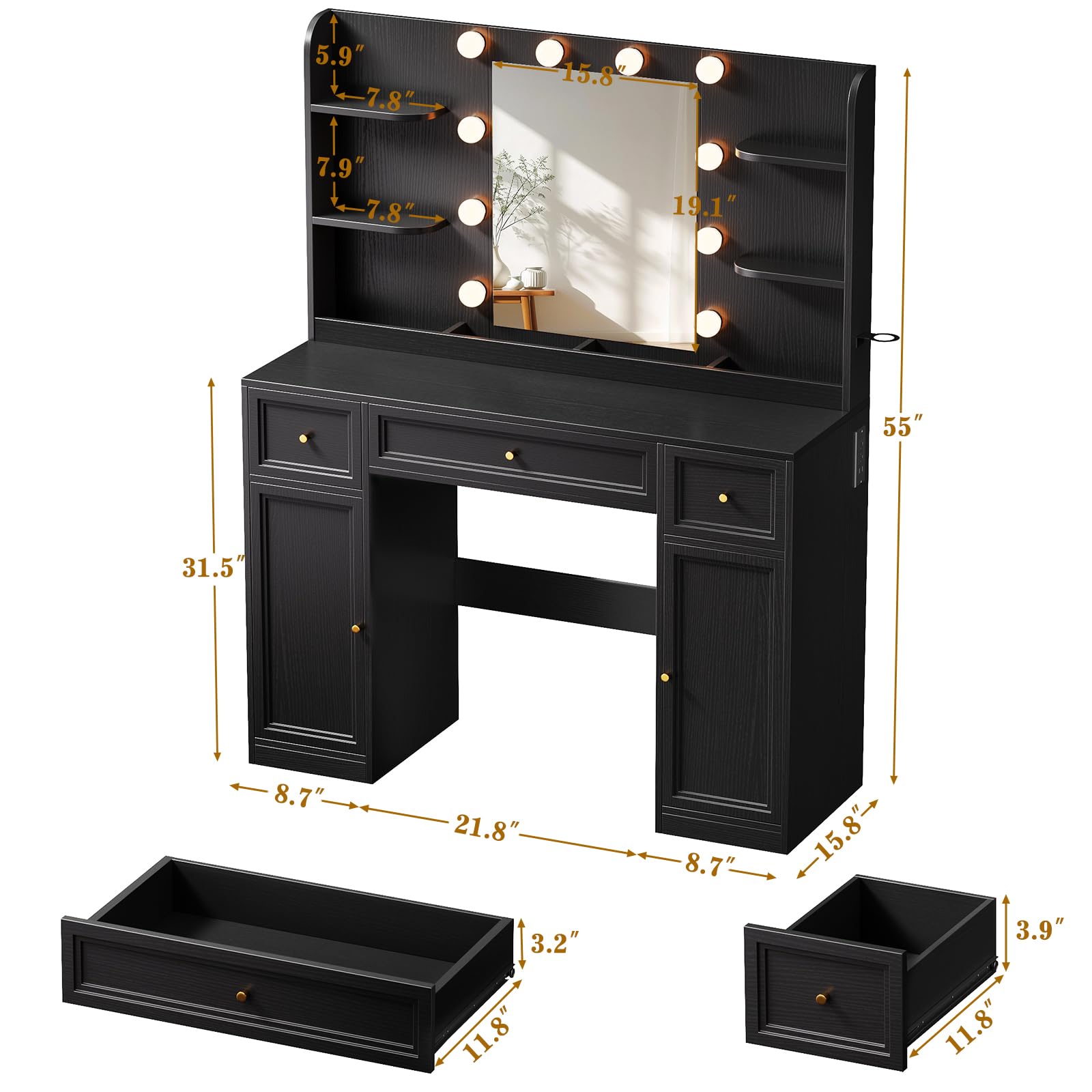 Memobarco Large Vanity Desk with Mirror and Lights, Makeup Vanity with Power Outlets, 3 Drawers and 2 Large Cabinets, 3 Lighting Modes Adjustable Brightness, Dressing Table for Women Girls, Black - Image 3