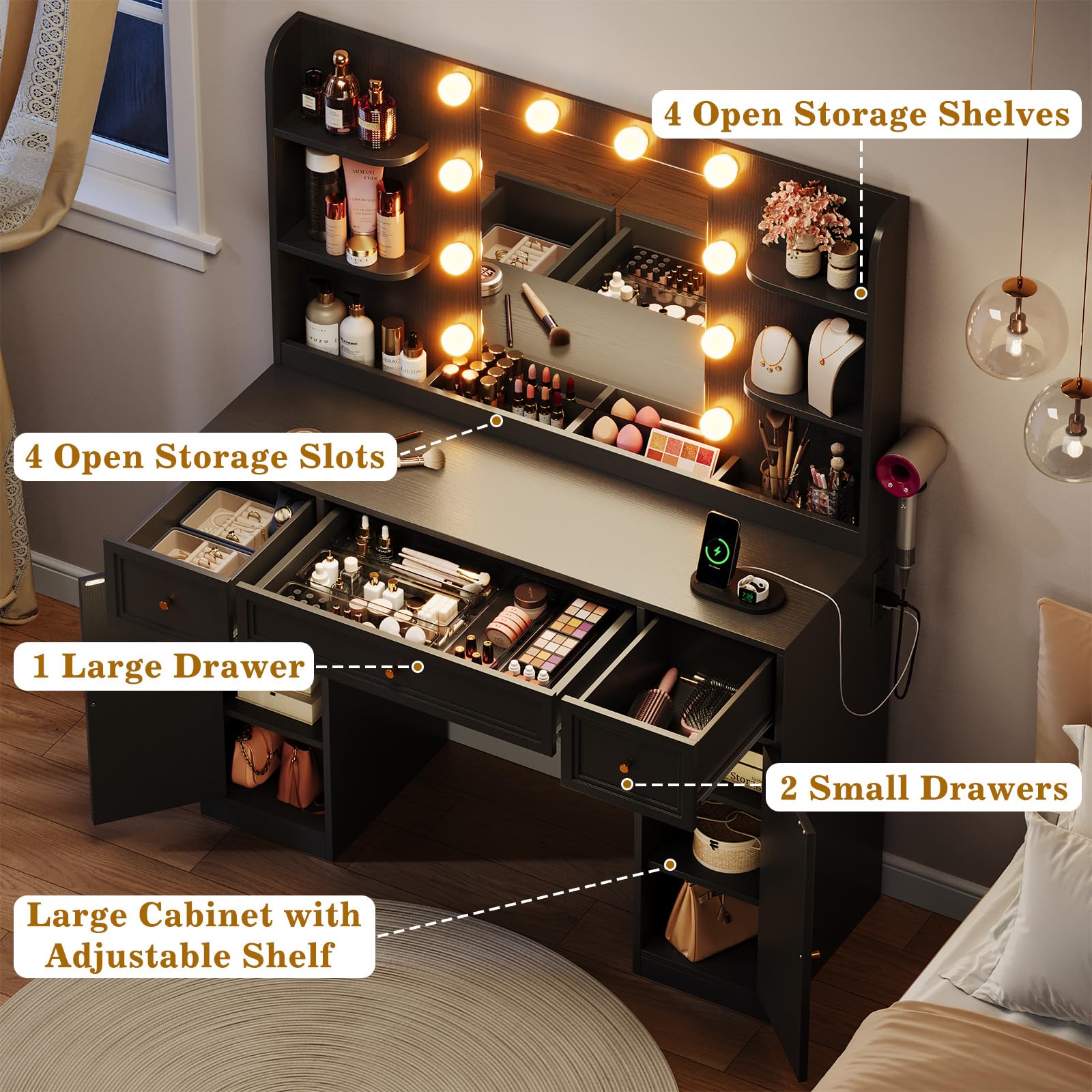 Memobarco Large Vanity Desk with Mirror and Lights, Makeup Vanity with Power Outlets, 3 Drawers and 2 Large Cabinets, 3 Lighting Modes Adjustable Brightness, Dressing Table for Women Girls, Black - Image 4
