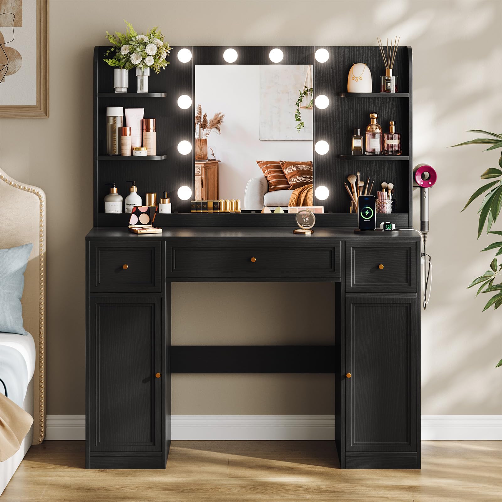 Memobarco Large Vanity Desk with Mirror and Lights, Makeup Vanity with Power Outlets, 3 Drawers and 2 Large Cabinets, 3 Lighting Modes Adjustable Brightness, Dressing Table for Women Girls, Black - Image 7