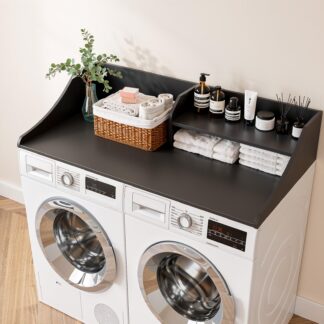 Memobarco 2 Tiers Washer Dryer Countertop, 54" Width x 27.5" Depth Laundry Countertop Organization, Wooden Washer and Dryer Topper for Folding, Sorting & Ironing, Easy to Install, Black
