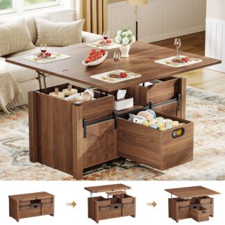 Memobarco 40" Farmhouse Lift Top Coffee Table with Sliding Barn Door,4 in 1 Multi-Function Coffee Tables with Storage Drawers & Hidden Compartment,Converts to Dining Table for Living Room,Walnut