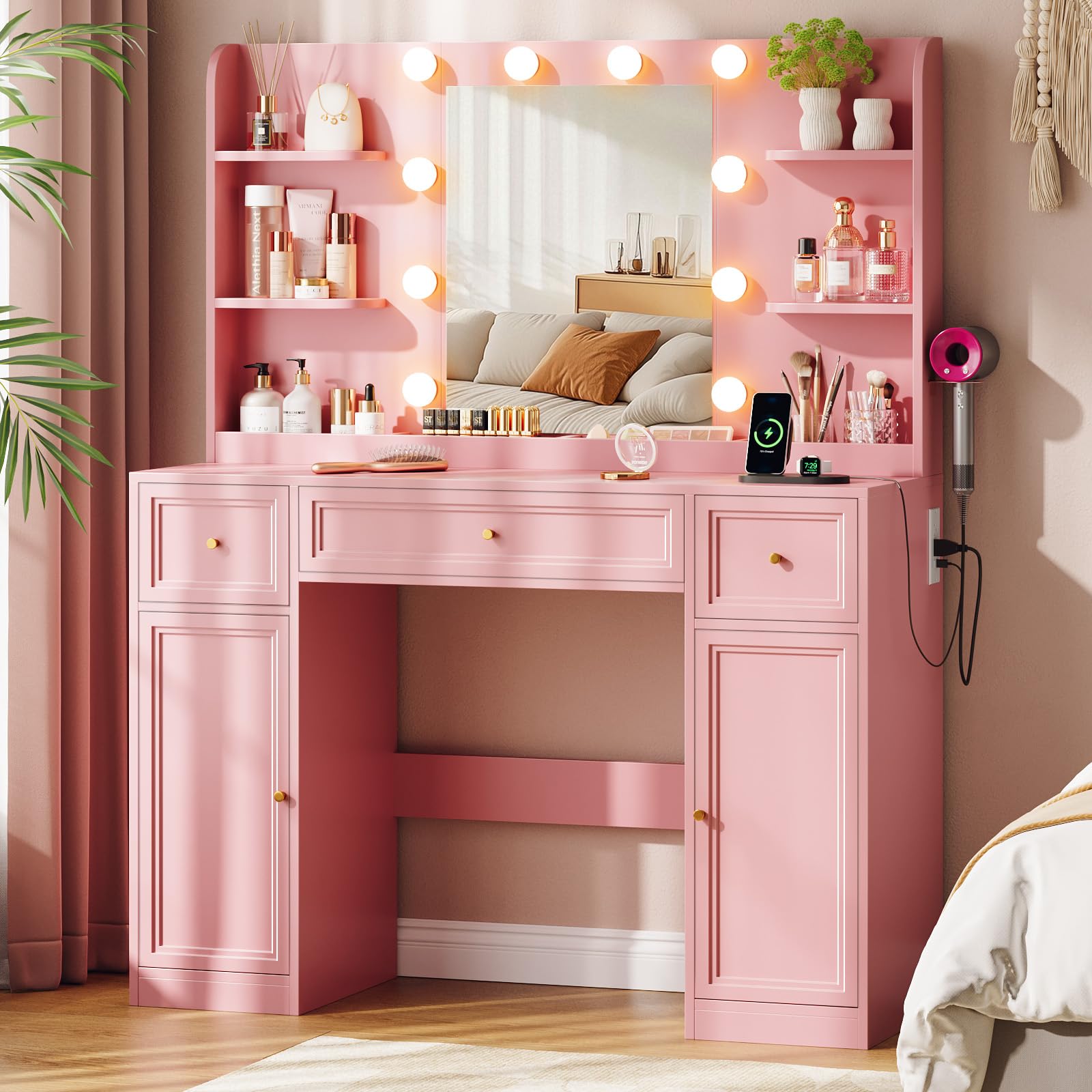 Large Vanity Desk with Mirror and Lights, Makeup Vanity with Power Outlets, 3 Drawers and 2 Large Cabinets, 3 Lighting Modes Adjustable Brightness, Dressing Table for Women Girls, Pink