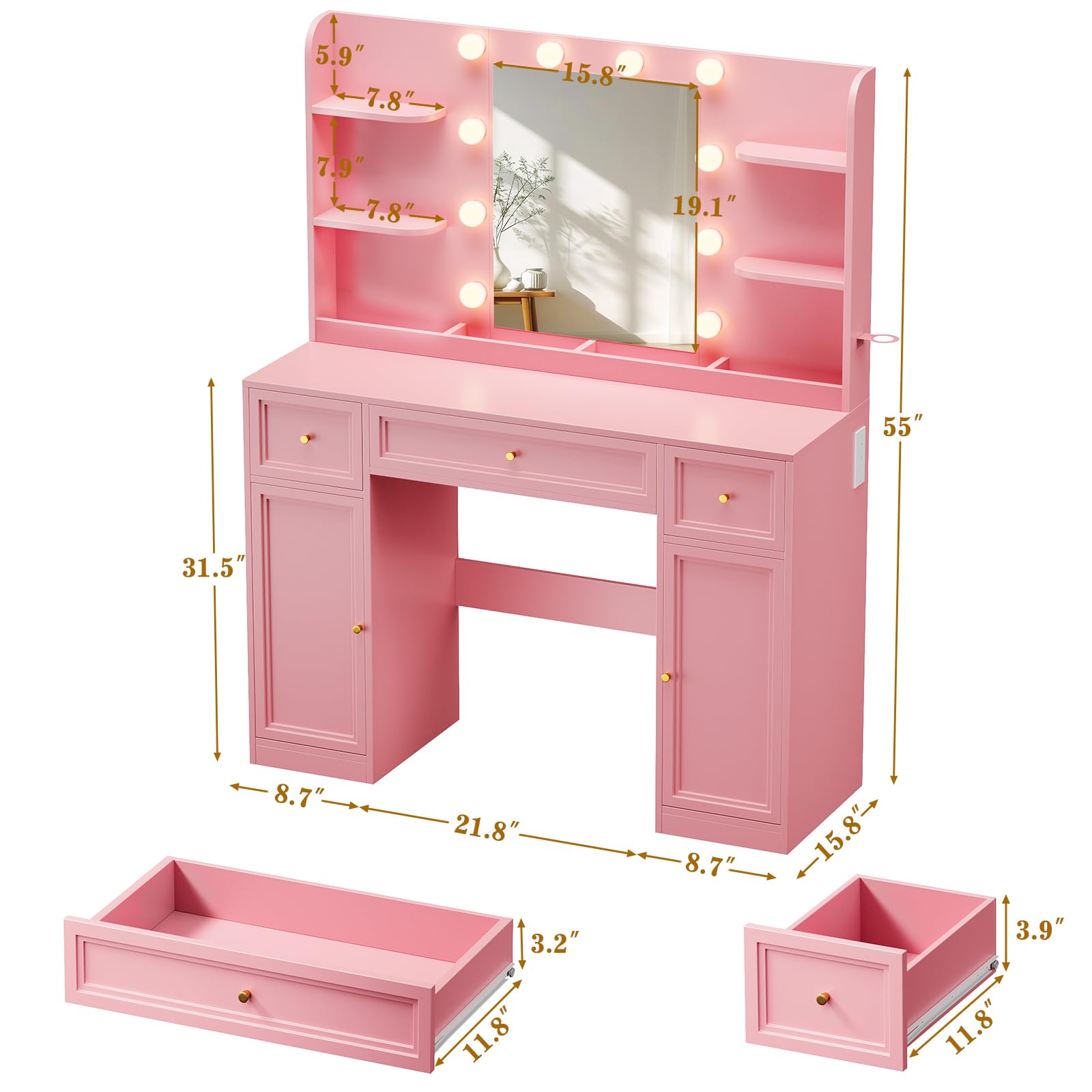 Large Vanity Desk with Mirror and Lights, Makeup Vanity with Power Outlets, 3 Drawers and 2 Large Cabinets, 3 Lighting Modes Adjustable Brightness, Dressing Table for Women Girls, Pink - Image 3