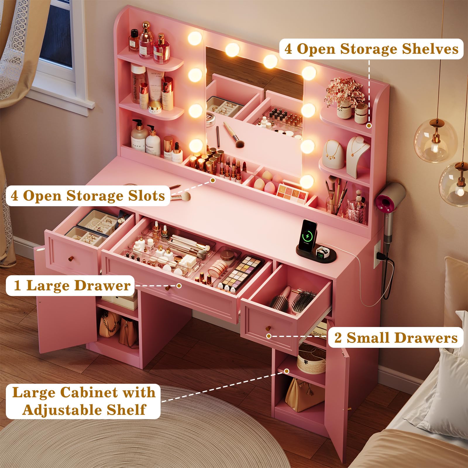 Large Vanity Desk with Mirror and Lights, Makeup Vanity with Power Outlets, 3 Drawers and 2 Large Cabinets, 3 Lighting Modes Adjustable Brightness, Dressing Table for Women Girls, Pink - Image 4
