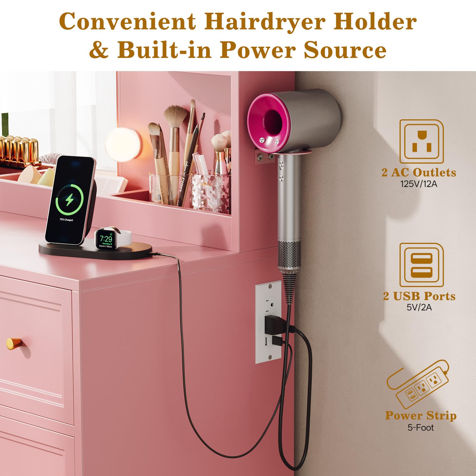 Large Vanity Desk with Mirror and Lights, Makeup Vanity with Power Outlets, 3 Drawers and 2 Large Cabinets, 3 Lighting Modes Adjustable Brightness, Dressing Table for Women Girls, Pink - Image 5