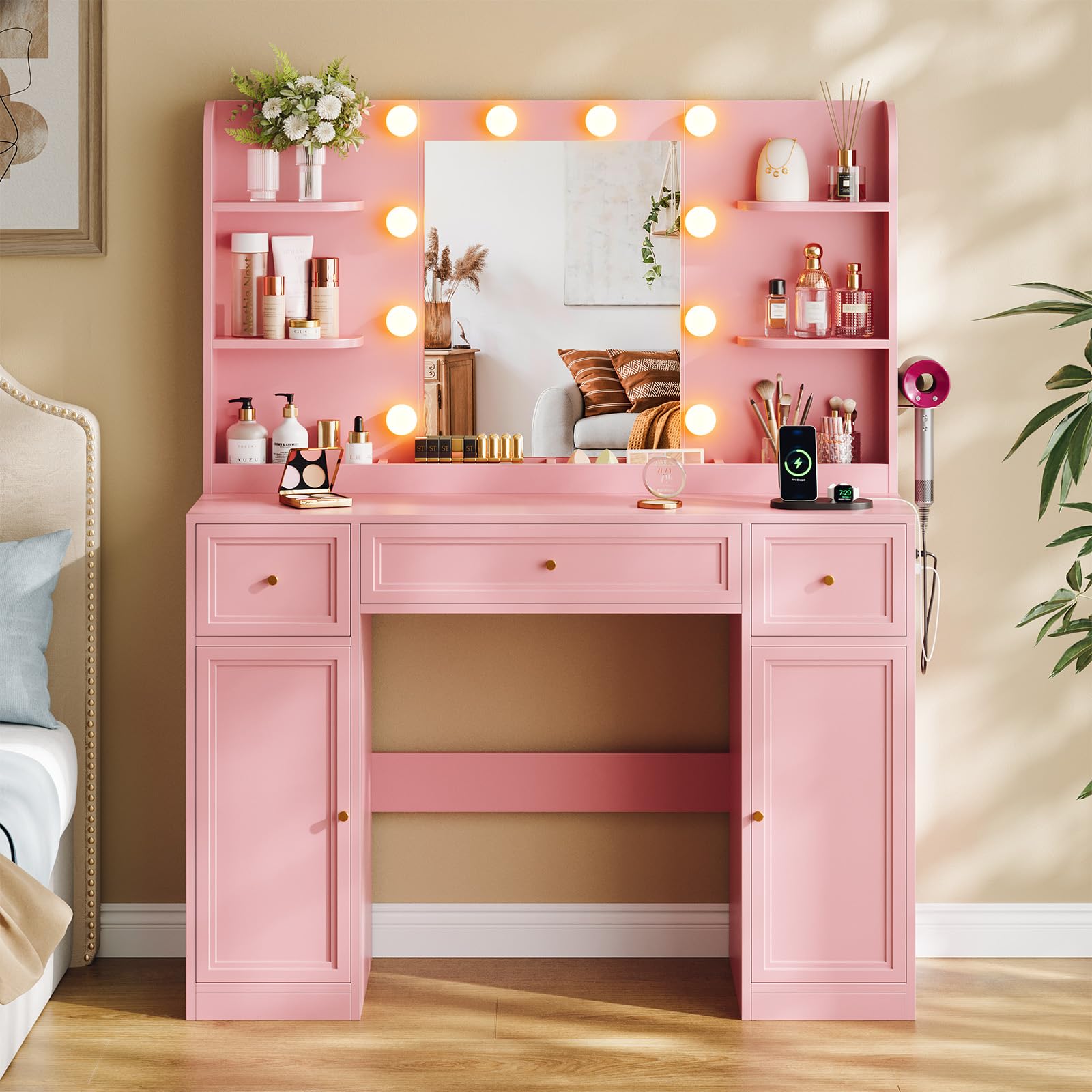 Large Vanity Desk with Mirror and Lights, Makeup Vanity with Power Outlets, 3 Drawers and 2 Large Cabinets, 3 Lighting Modes Adjustable Brightness, Dressing Table for Women Girls, Pink - Image 7